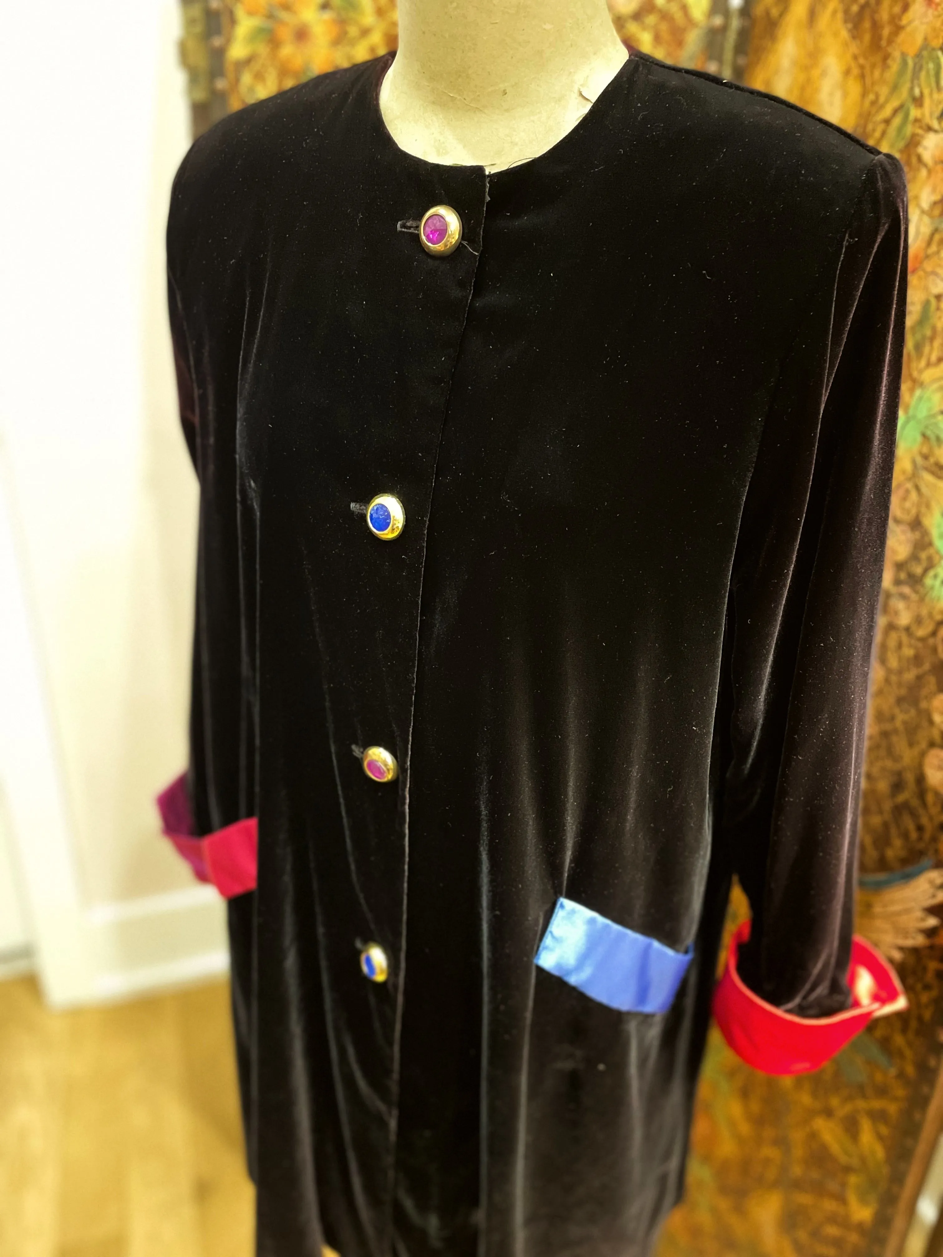 1980s Black Velvet & Multi Colored Satin Overcoat