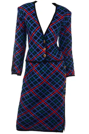 1985 Yves Saint Laurent Red Blue & Black Knit Vintage Skirt & Jacket Suit