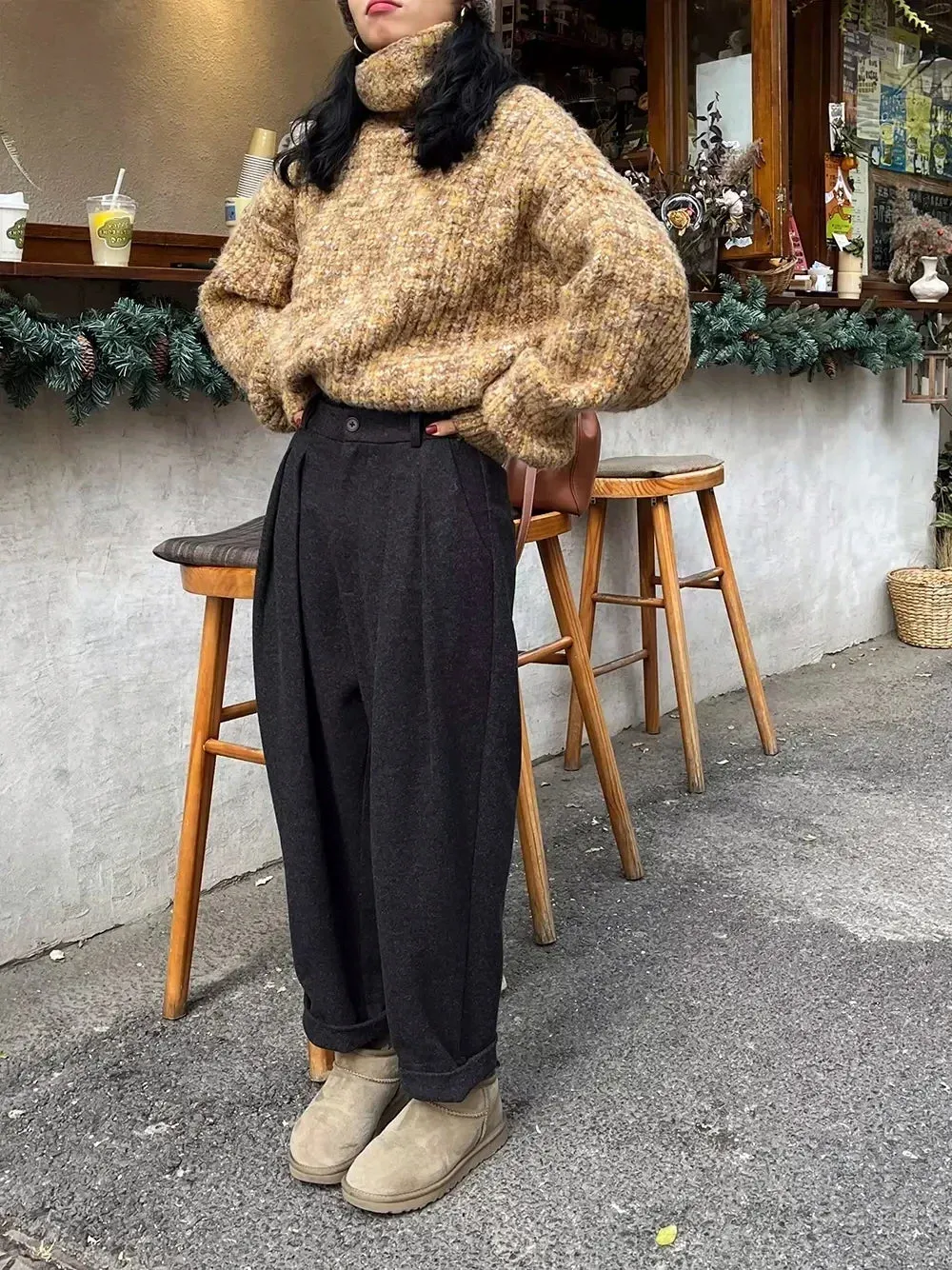 2024 Chic Women Casual Loose Pockets Woolen Suit Pants Autumn Winter High Waist Thicken Korean Ladies Solid Harem Trousers