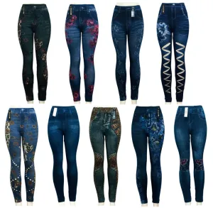 Assorted Ladies Fashion Pull On Printed Jean Like Leggings Wholesale