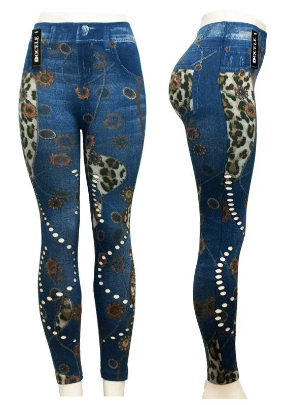 Assorted Ladies Fashion Pull On Printed Jean Like Leggings Wholesale