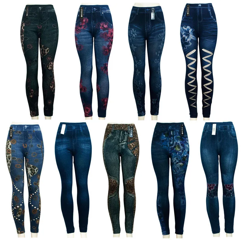 Assorted Ladies Fashion Pull On Printed Jean Like Leggings Wholesale