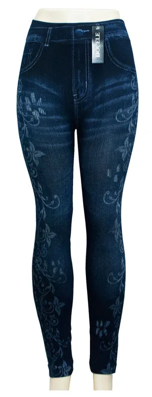 Assorted Ladies Fashion Pull On Printed Jean Like Leggings Wholesale