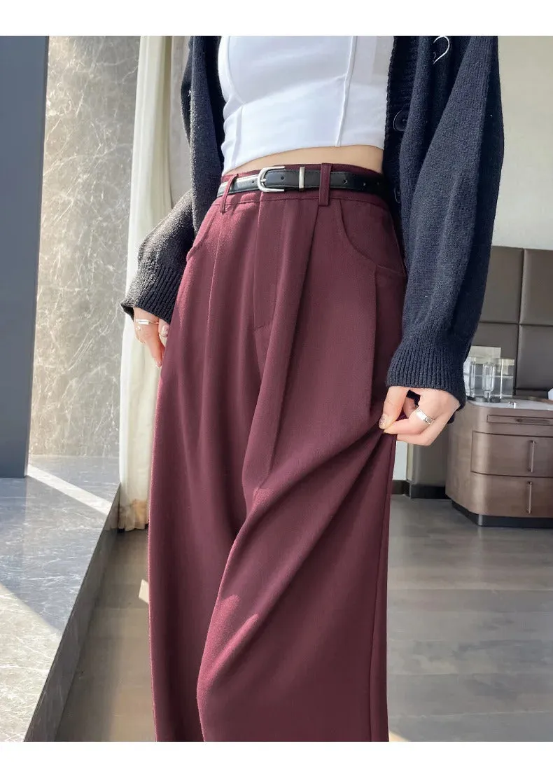 Autumn Winter Woolen Women's Wide Leg Pants 2024 New High Waist Button Korean Solid Vintage Casual Loose Full Trousers Female