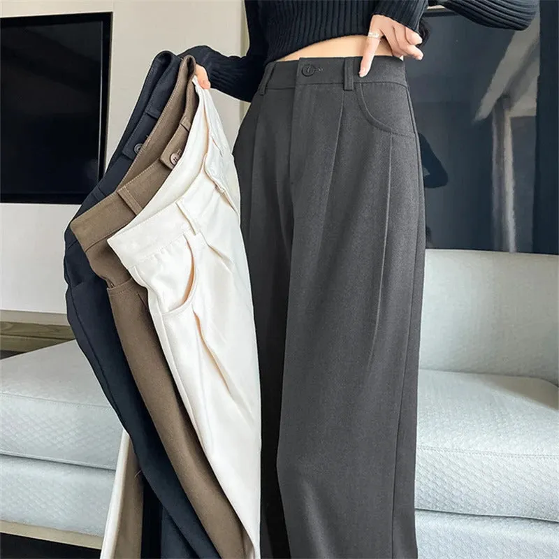 Autumn Winter Woolen Women's Wide Leg Pants 2024 New High Waist Button Korean Solid Vintage Casual Loose Full Trousers Female