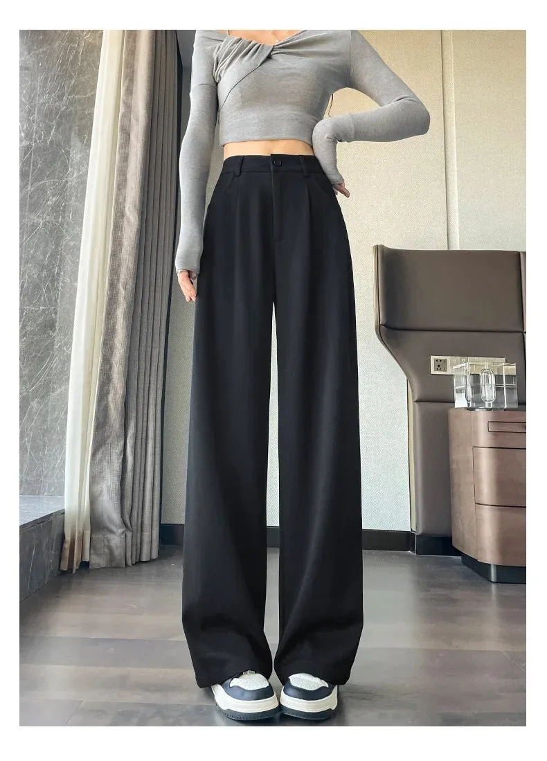 Autumn Winter Woolen Women's Wide Leg Pants 2024 New High Waist Button Korean Solid Vintage Casual Loose Full Trousers Female