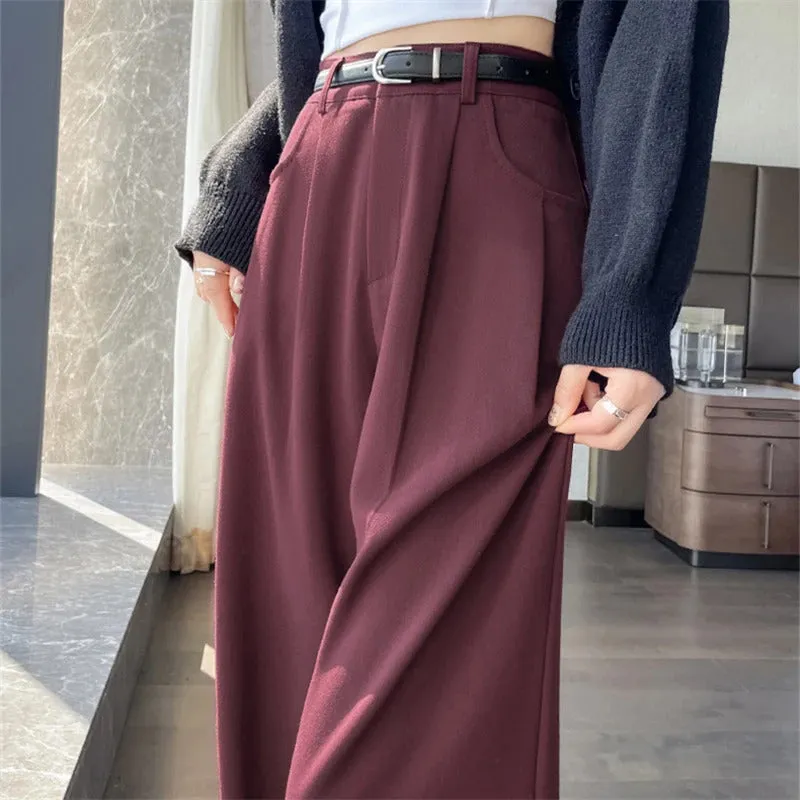 Autumn Winter Woolen Women's Wide Leg Pants 2024 New High Waist Button Korean Solid Vintage Casual Loose Full Trousers Female