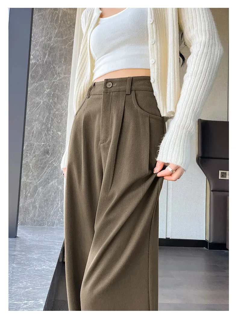 Autumn Winter Woolen Women's Wide Leg Pants 2024 New High Waist Button Korean Solid Vintage Casual Loose Full Trousers Female