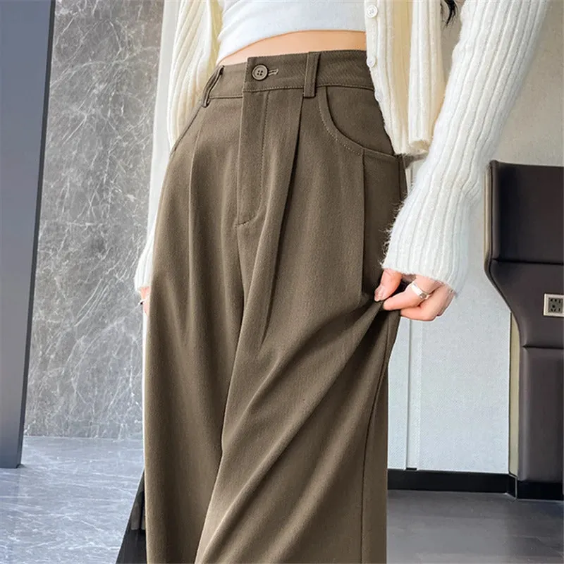 Autumn Winter Woolen Women's Wide Leg Pants 2024 New High Waist Button Korean Solid Vintage Casual Loose Full Trousers Female