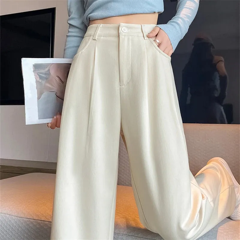 Autumn Winter Woolen Women's Wide Leg Pants 2024 New High Waist Button Korean Solid Vintage Casual Loose Full Trousers Female