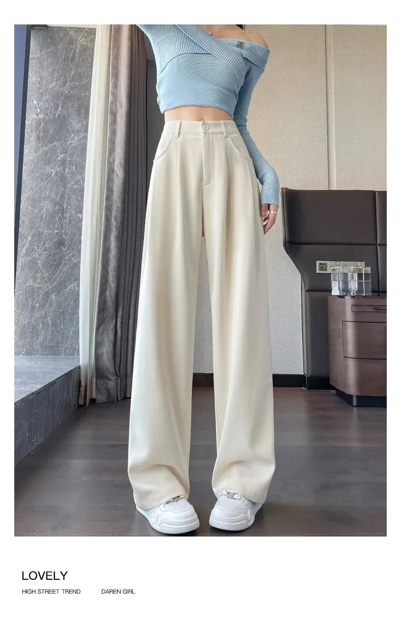 Autumn Winter Woolen Women's Wide Leg Pants 2024 New High Waist Button Korean Solid Vintage Casual Loose Full Trousers Female