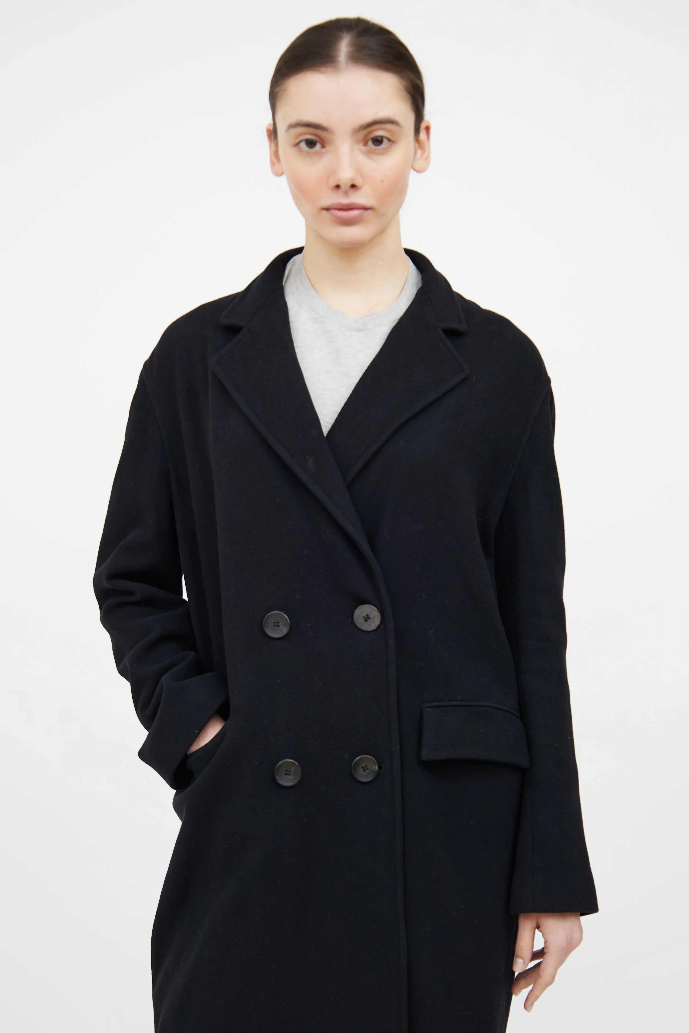 Black Wool Blend Double Breasted Coat