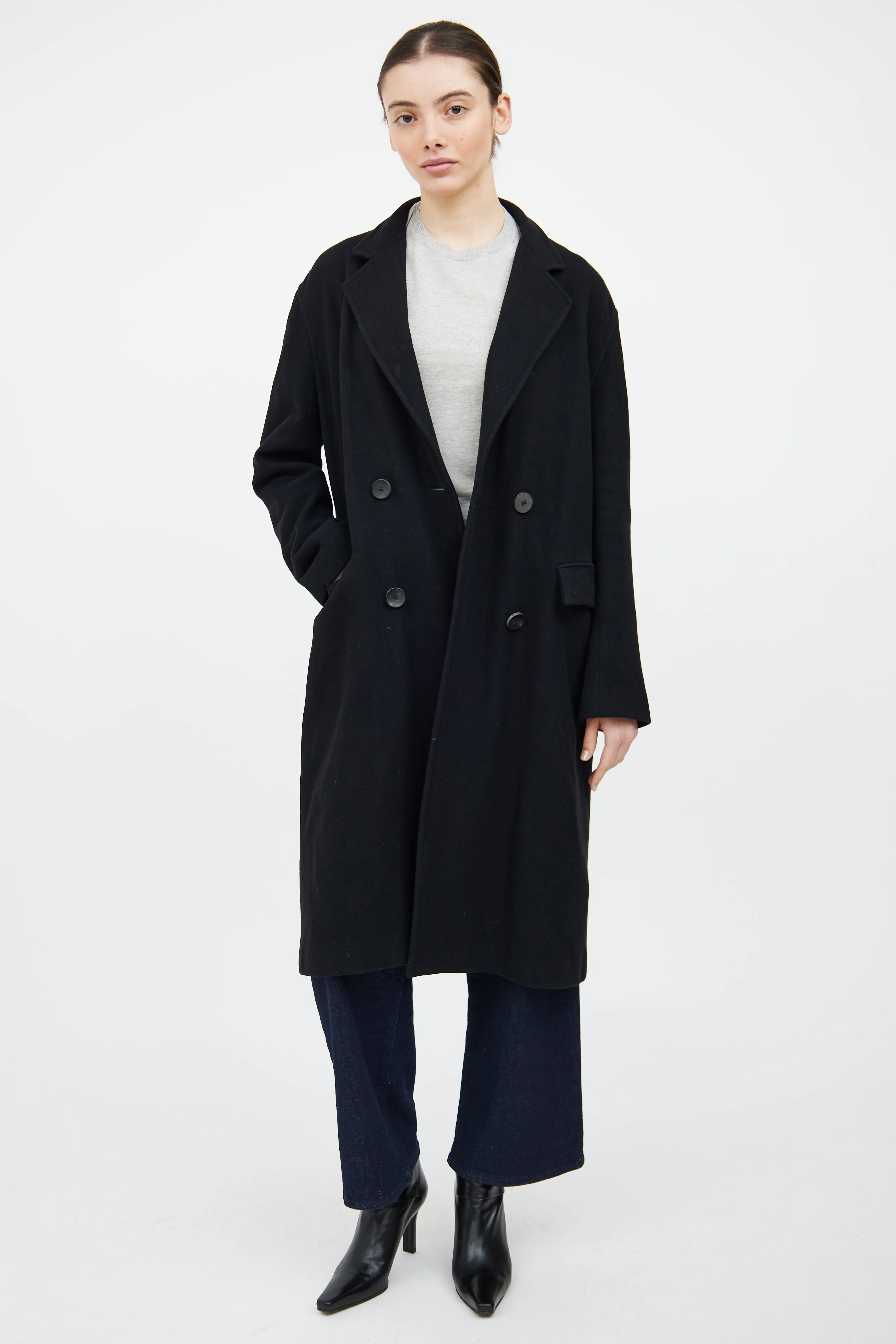 Black Wool Blend Double Breasted Coat