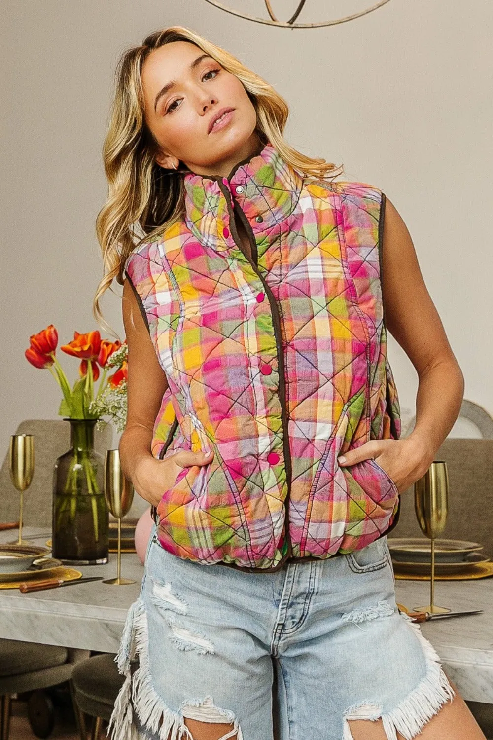 Blue Zone Planet |  BiBi Quilted Washed Plaid Snap Down Vest