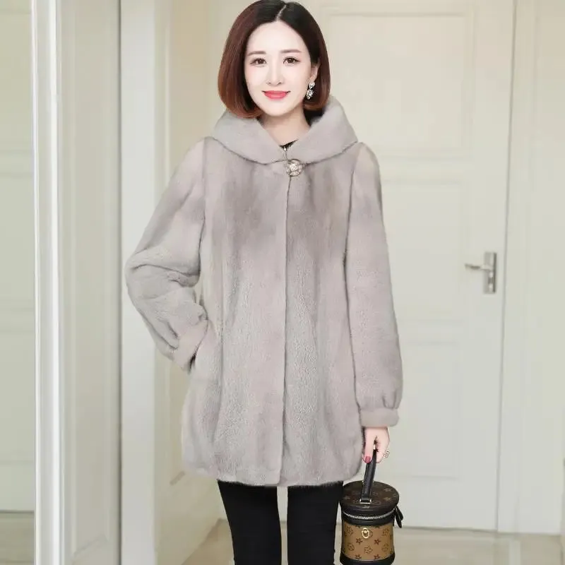 Bonnyshow Imitation Mink Velvet Faux Fur Thick Coat Women Winter Warm Parkas Hooded Mid Length Loose Jacket Fashion Simplicity Overcoat