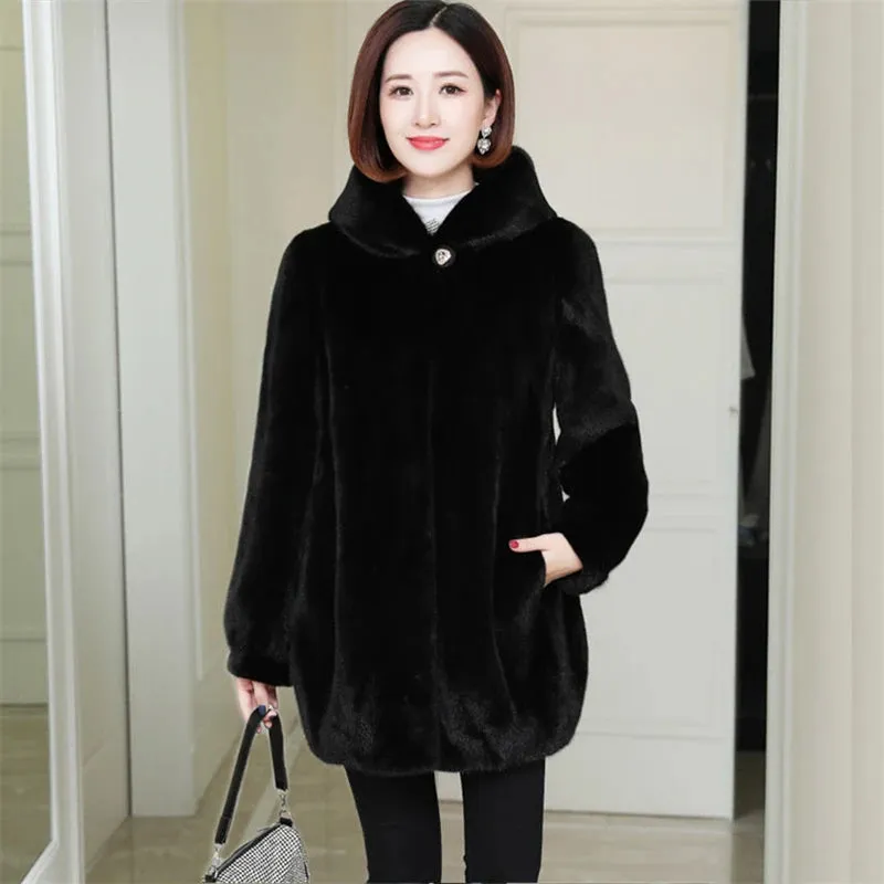 Bonnyshow Imitation Mink Velvet Faux Fur Thick Coat Women Winter Warm Parkas Hooded Mid Length Loose Jacket Fashion Simplicity Overcoat