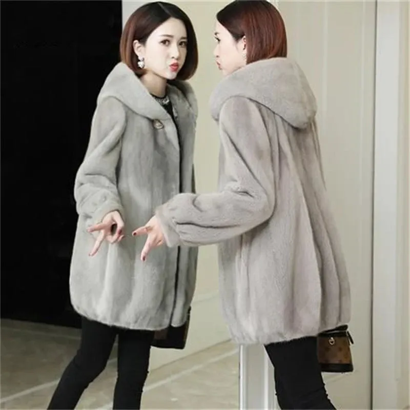 Bonnyshow Imitation Mink Velvet Faux Fur Thick Coat Women Winter Warm Parkas Hooded Mid Length Loose Jacket Fashion Simplicity Overcoat