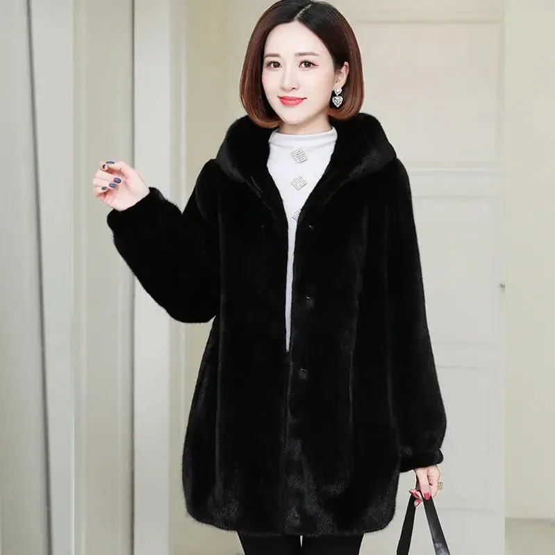 Bonnyshow Imitation Mink Velvet Faux Fur Thick Coat Women Winter Warm Parkas Hooded Mid Length Loose Jacket Fashion Simplicity Overcoat