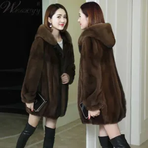 Bonnyshow Imitation Mink Velvet Faux Fur Thick Coat Women Winter Warm Parkas Hooded Mid Length Loose Jacket Fashion Simplicity Overcoat