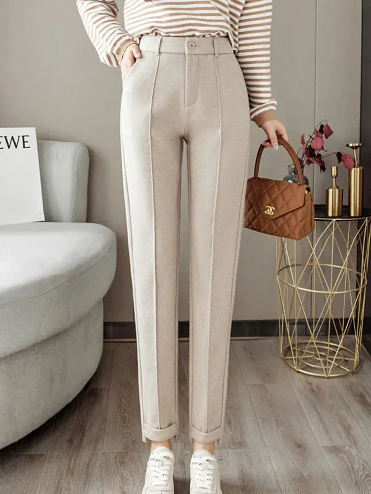 Bonnyshow Woolen Pants Women's Harem Pencil Pants Autumn Winter High Waist Casual Suit Pants Office Lady Women Trousers Hot Sale