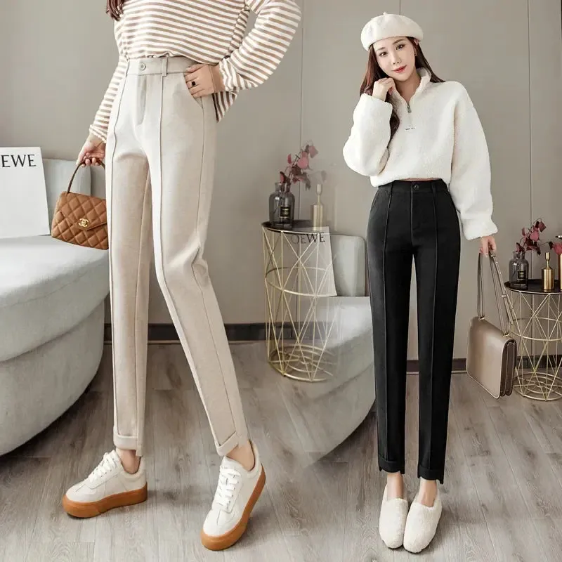 Bonnyshow Woolen Pants Women's Harem Pencil Pants Autumn Winter High Waist Casual Suit Pants Office Lady Women Trousers Hot Sale