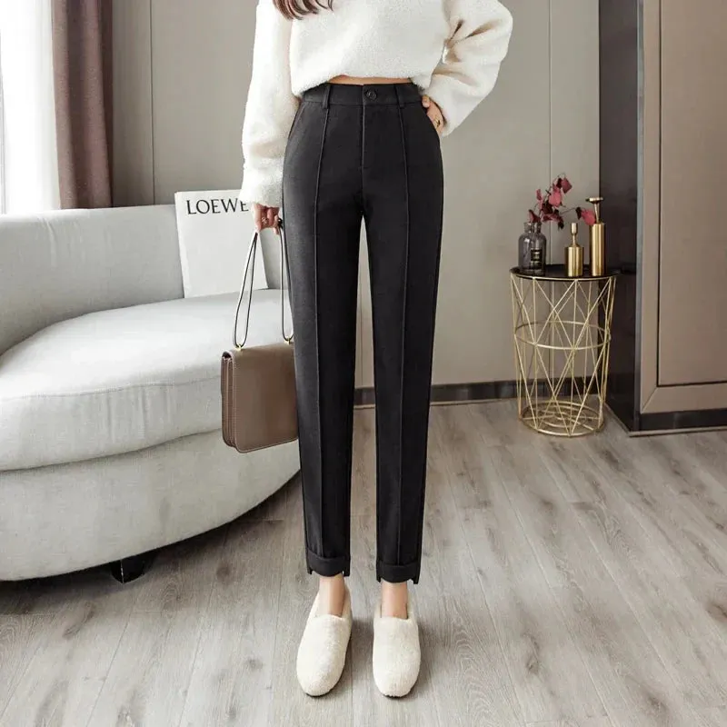 Bonnyshow Woolen Pants Women's Harem Pencil Pants Autumn Winter High Waist Casual Suit Pants Office Lady Women Trousers Hot Sale