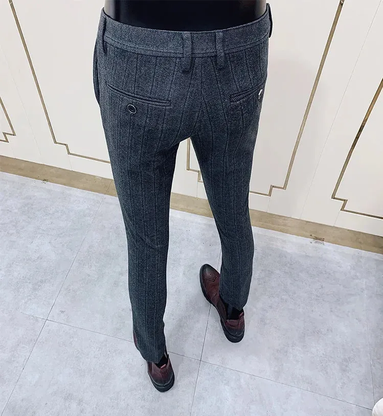 Bonsir Autumn Winter New Woolen Suit Pants High Quality Striped Slim Fit Dress Pants Men's Formal Business Office Social Trousers