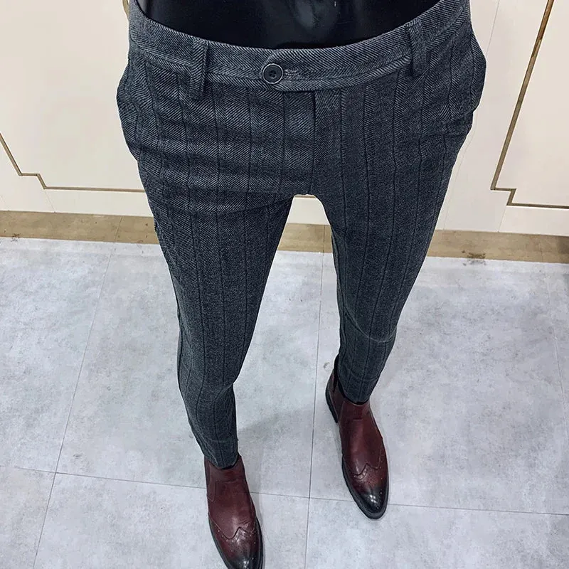 Bonsir Autumn Winter New Woolen Suit Pants High Quality Striped Slim Fit Dress Pants Men's Formal Business Office Social Trousers