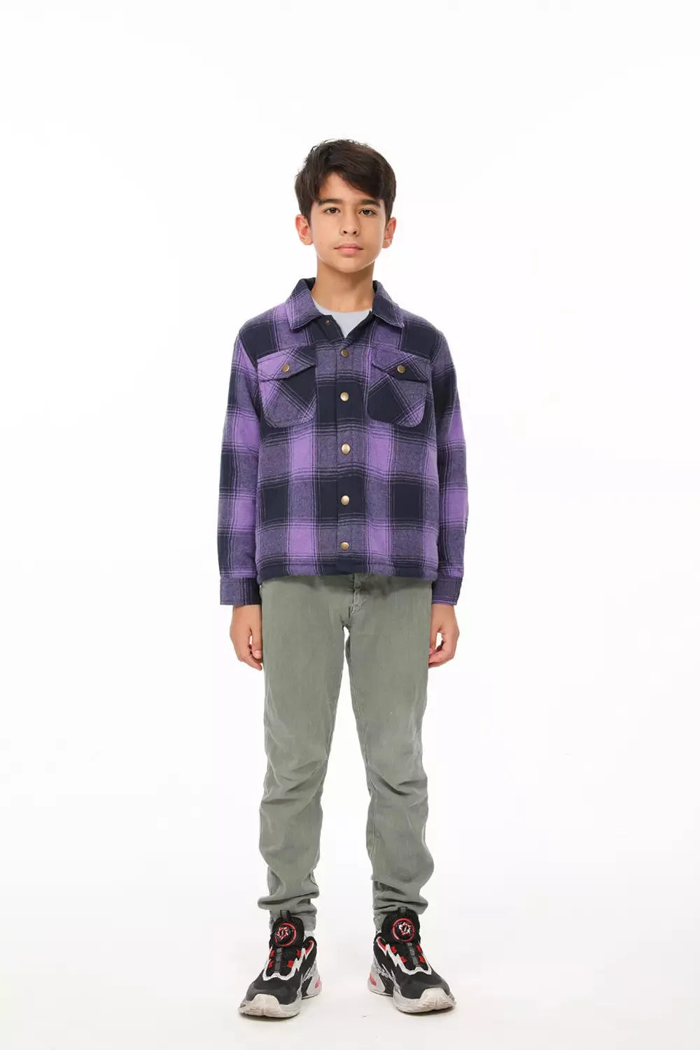 Boys and Girls Sherpa Lined Snap Plaid Shirt Jacket,Flannel Shacket