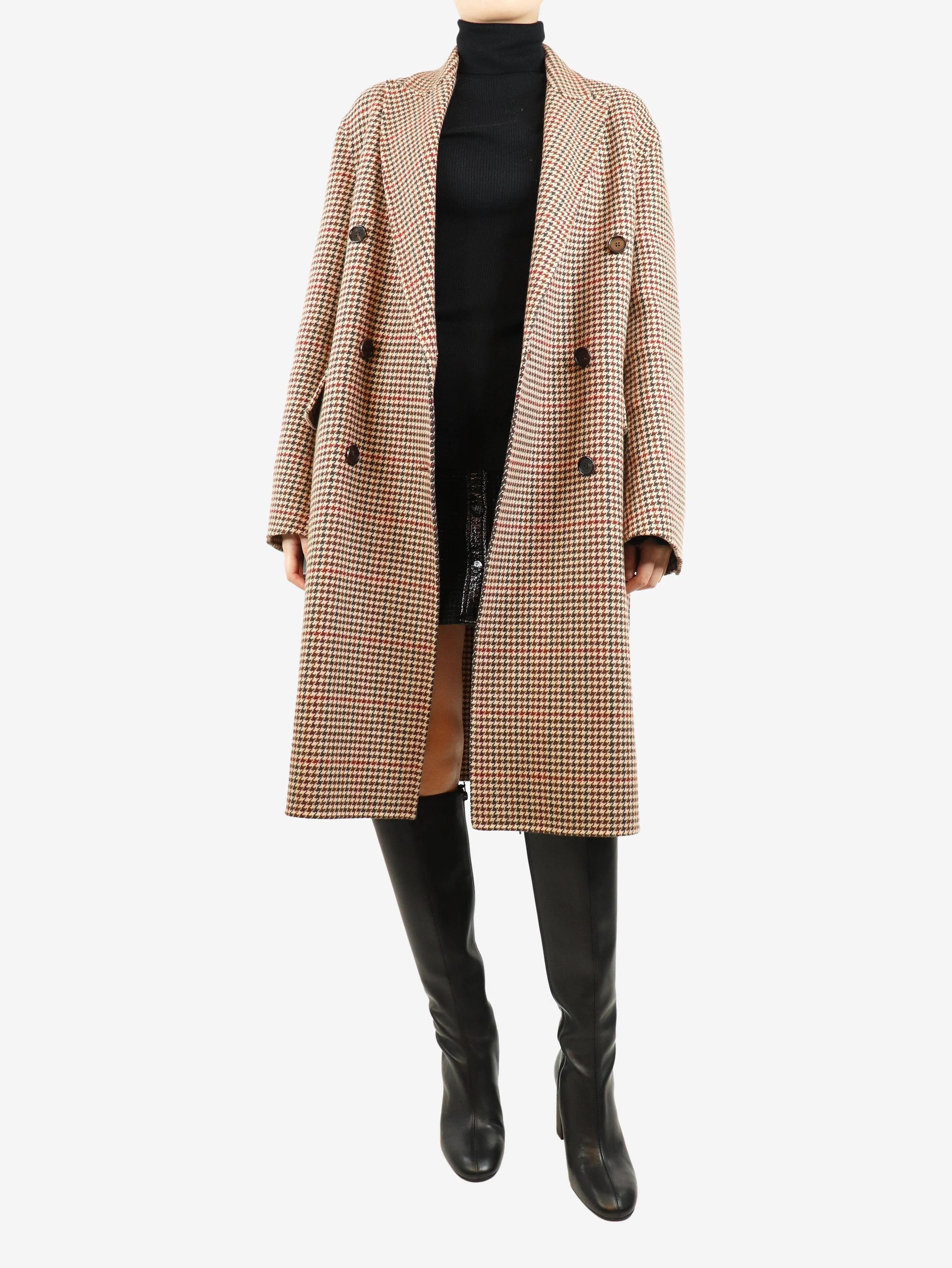 Brown double-breasted houndstooth coat - size UK 8