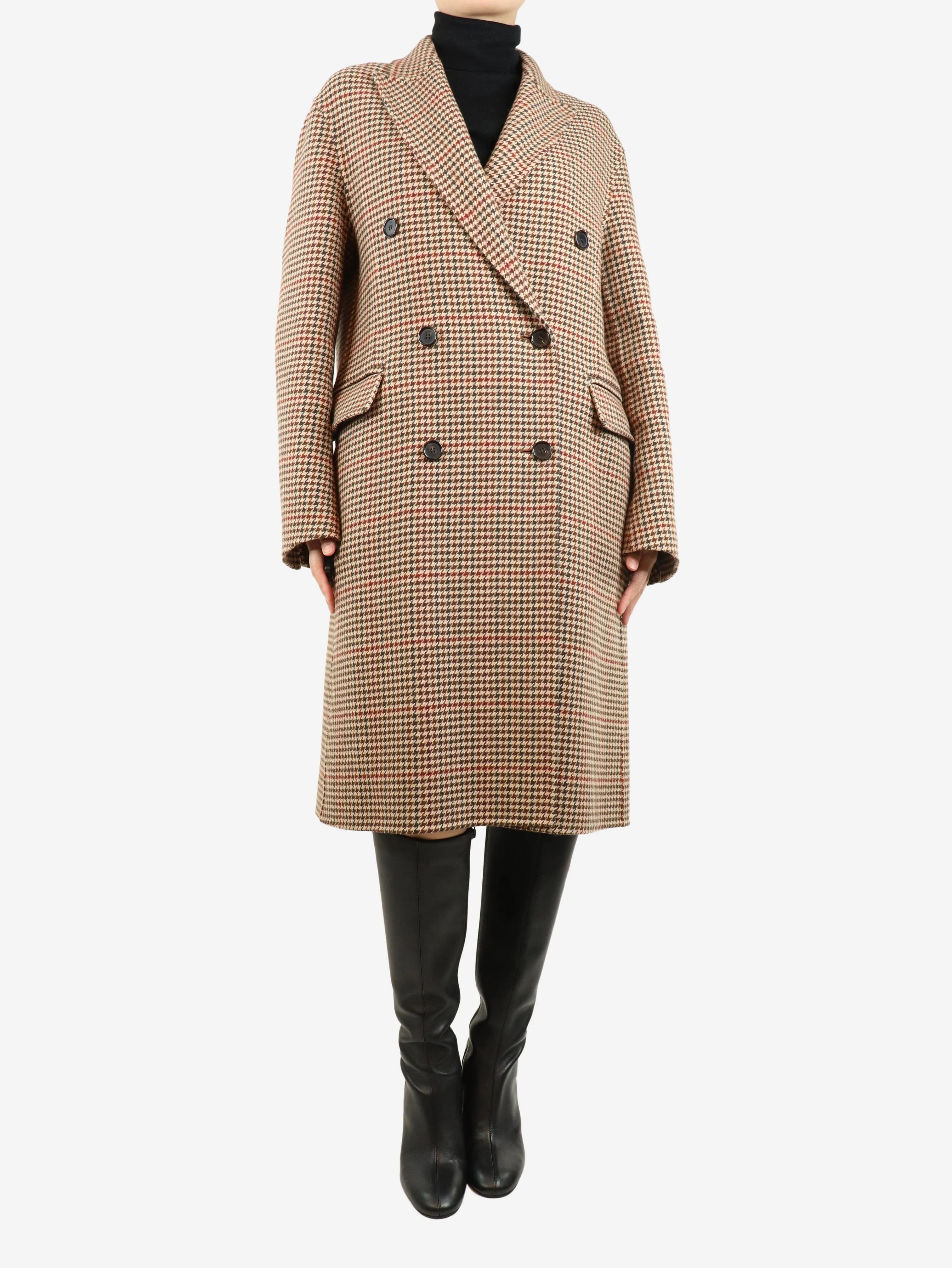 Brown double-breasted houndstooth coat - size UK 8