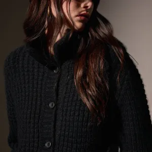 Cashmere Chunky Waffle Cardigan - True Black