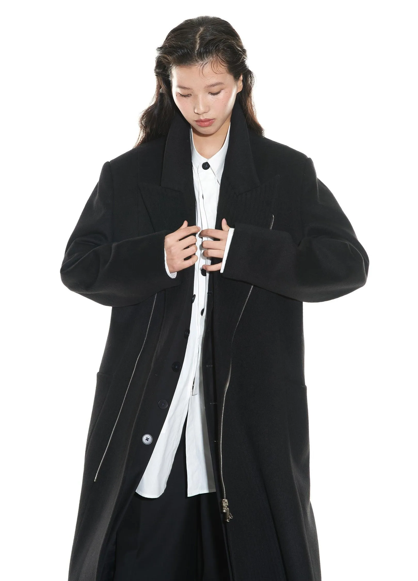 Chic Double-Breasted Wool Blend Overcoat With Metal Zipper