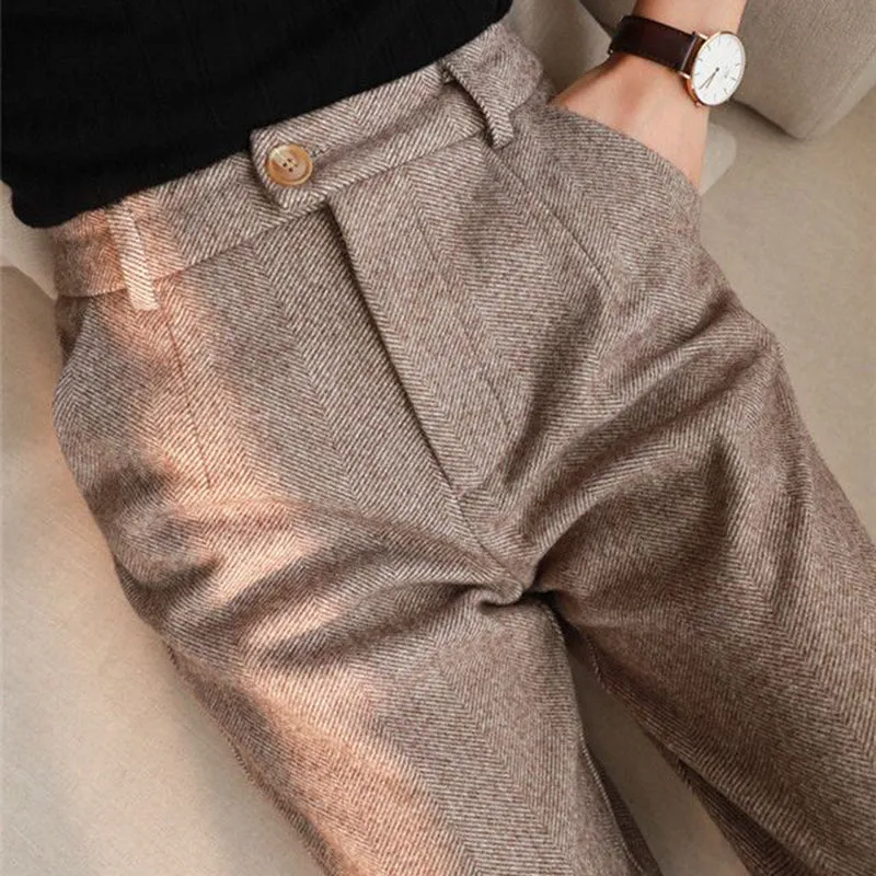 cold weather outfits Joskaa Woolen Pants Women Harem Pencil Pants Spring High Waist Pockets Suit Pants Office Lady Striped Zipper Trousers