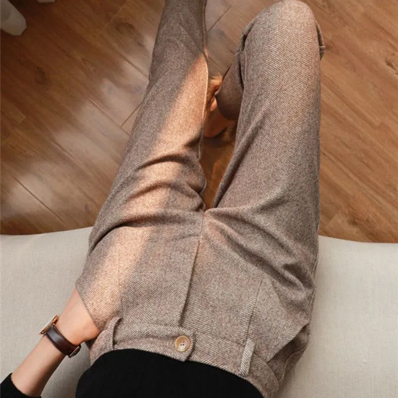 cold weather outfits Joskaa Woolen Pants Women Harem Pencil Pants Spring High Waist Pockets Suit Pants Office Lady Striped Zipper Trousers