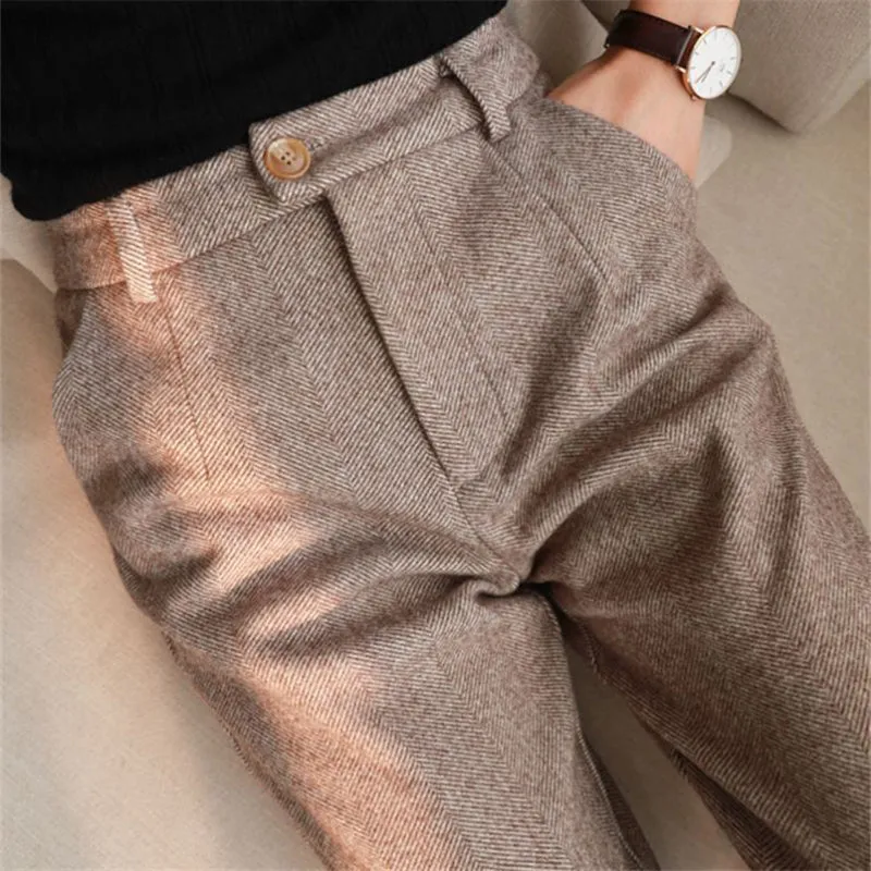 cold weather outfits Joskaa Woolen Pants Women Harem Pencil Pants Spring High Waist Pockets Suit Pants Office Lady Striped Zipper Trousers