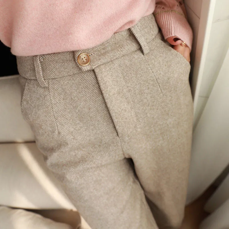 cold weather outfits Joskaa Woolen Pants Women Harem Pencil Pants Spring High Waist Pockets Suit Pants Office Lady Striped Zipper Trousers