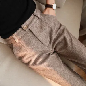 cold weather outfits Joskaa Woolen Pants Women Harem Pencil Pants Spring High Waist Pockets Suit Pants Office Lady Striped Zipper Trousers