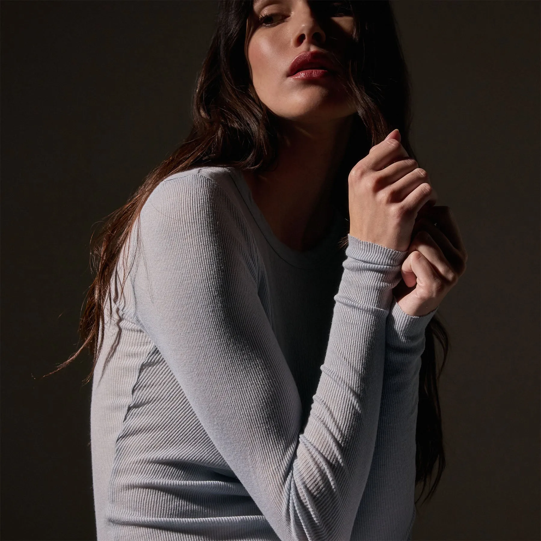 Cotton Cashmere Blend Ribbed Long Sleeve Crew - Grey Glacier