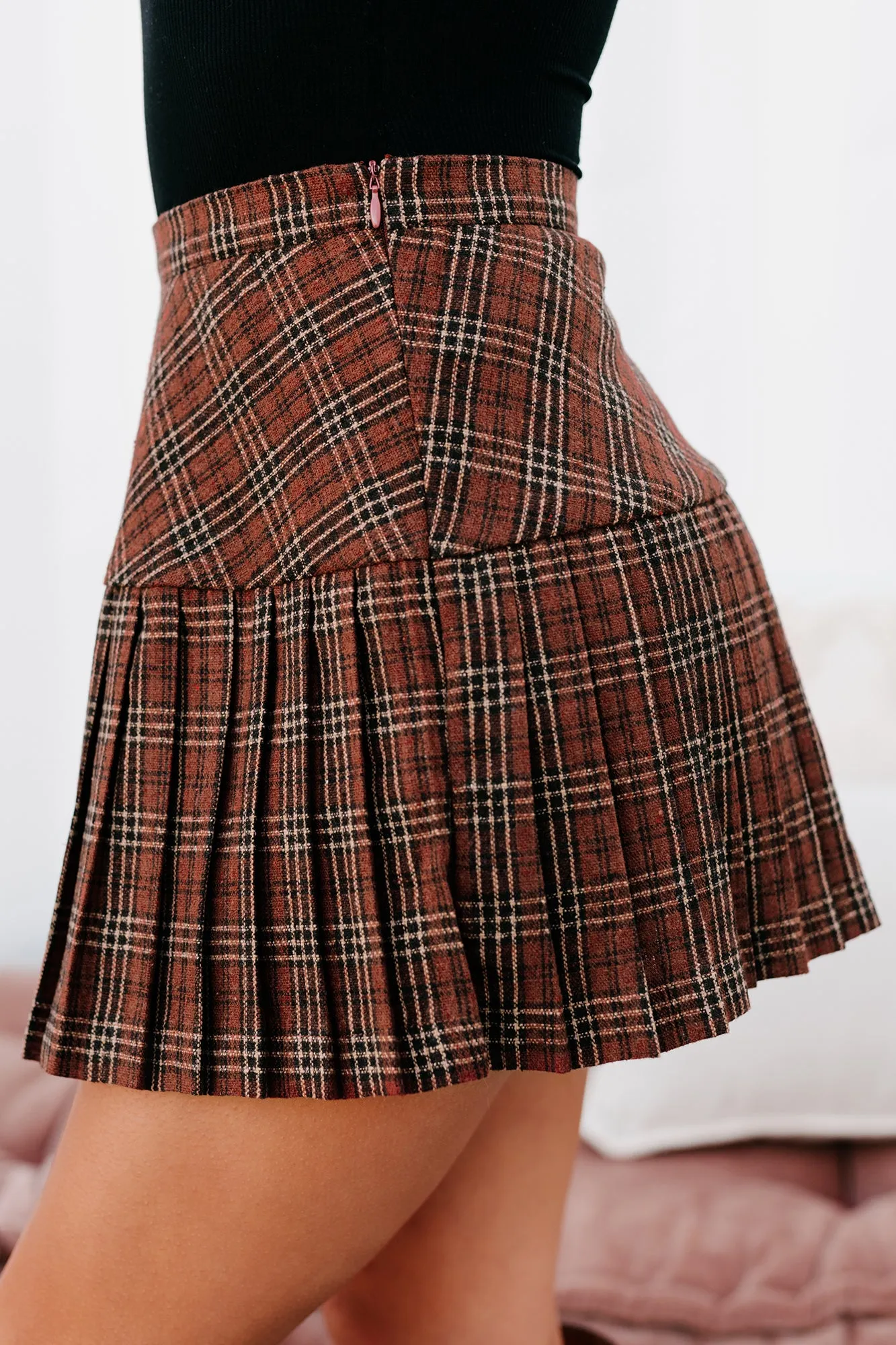 Crushing Hearts Pleated Plaid Mini Skirt (Burnt Rust)