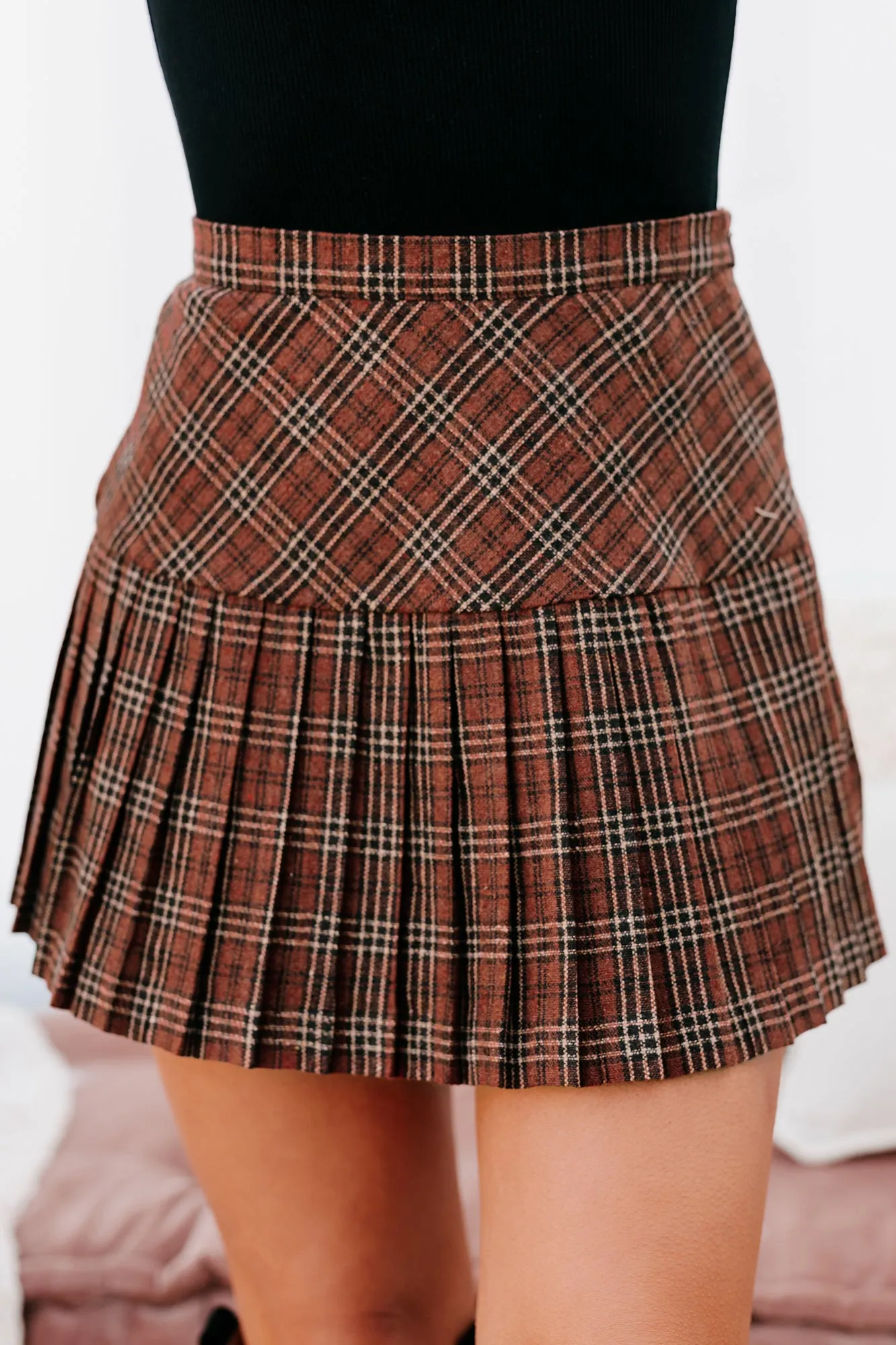 Crushing Hearts Pleated Plaid Mini Skirt (Burnt Rust)