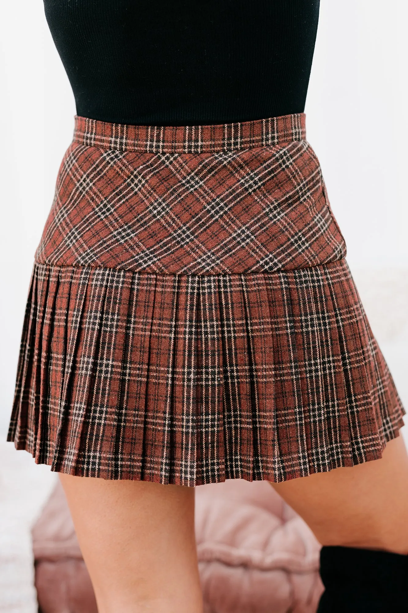 Crushing Hearts Pleated Plaid Mini Skirt (Burnt Rust)