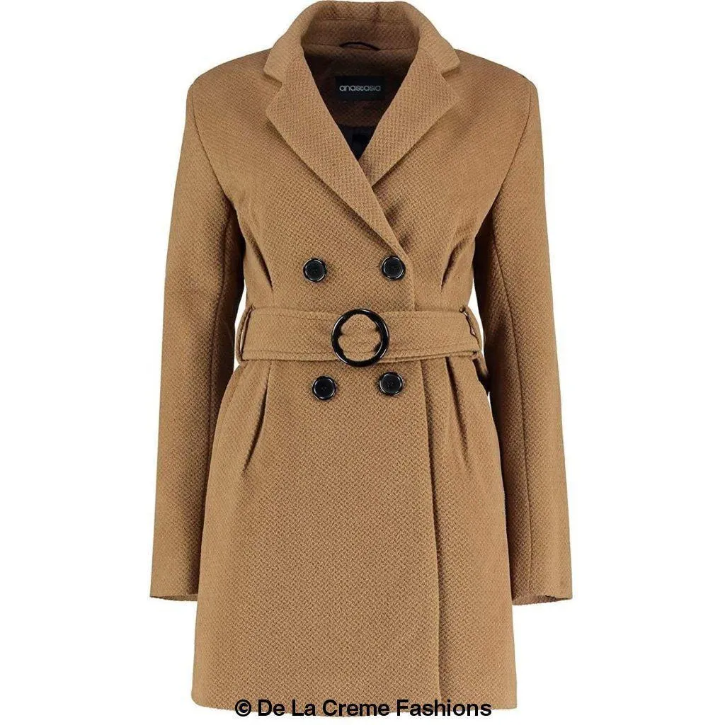 De La Creme - Womens Camel Textured Short Belted Coat