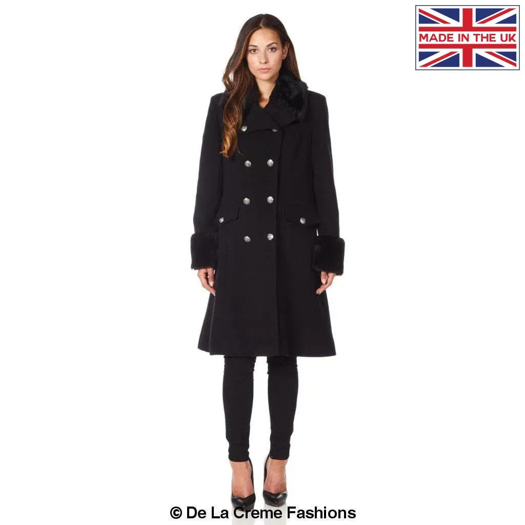 De La Creme - Womens Wool Blend Faux Fur Trim Midi Coat