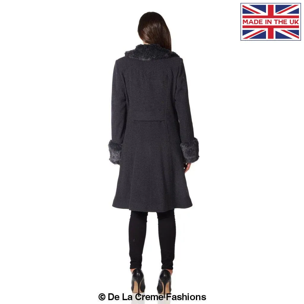 De La Creme - Womens Wool Blend Faux Fur Trim Midi Coat