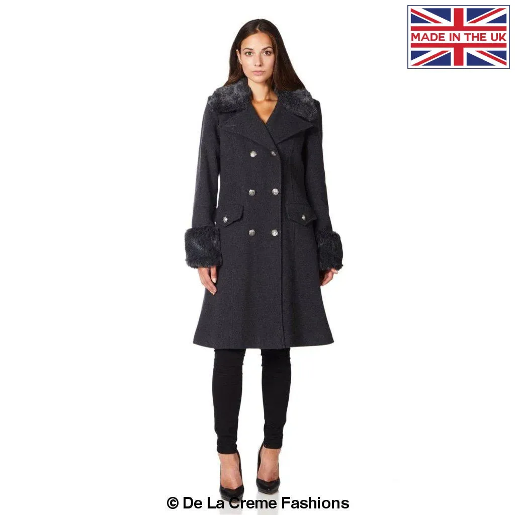 De La Creme - Womens Wool Blend Faux Fur Trim Midi Coat