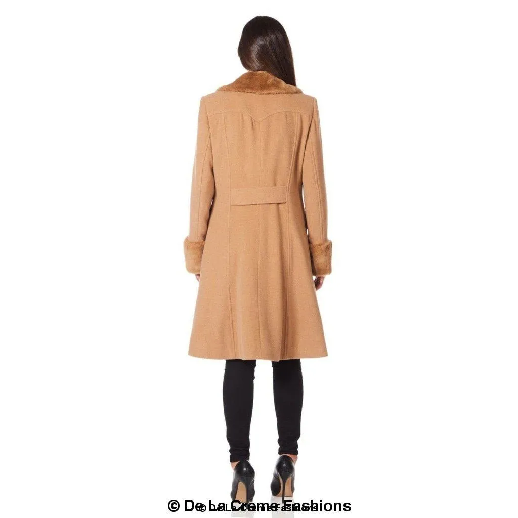 De La Creme - Womens Wool Blend Faux Fur Trim Midi Coat