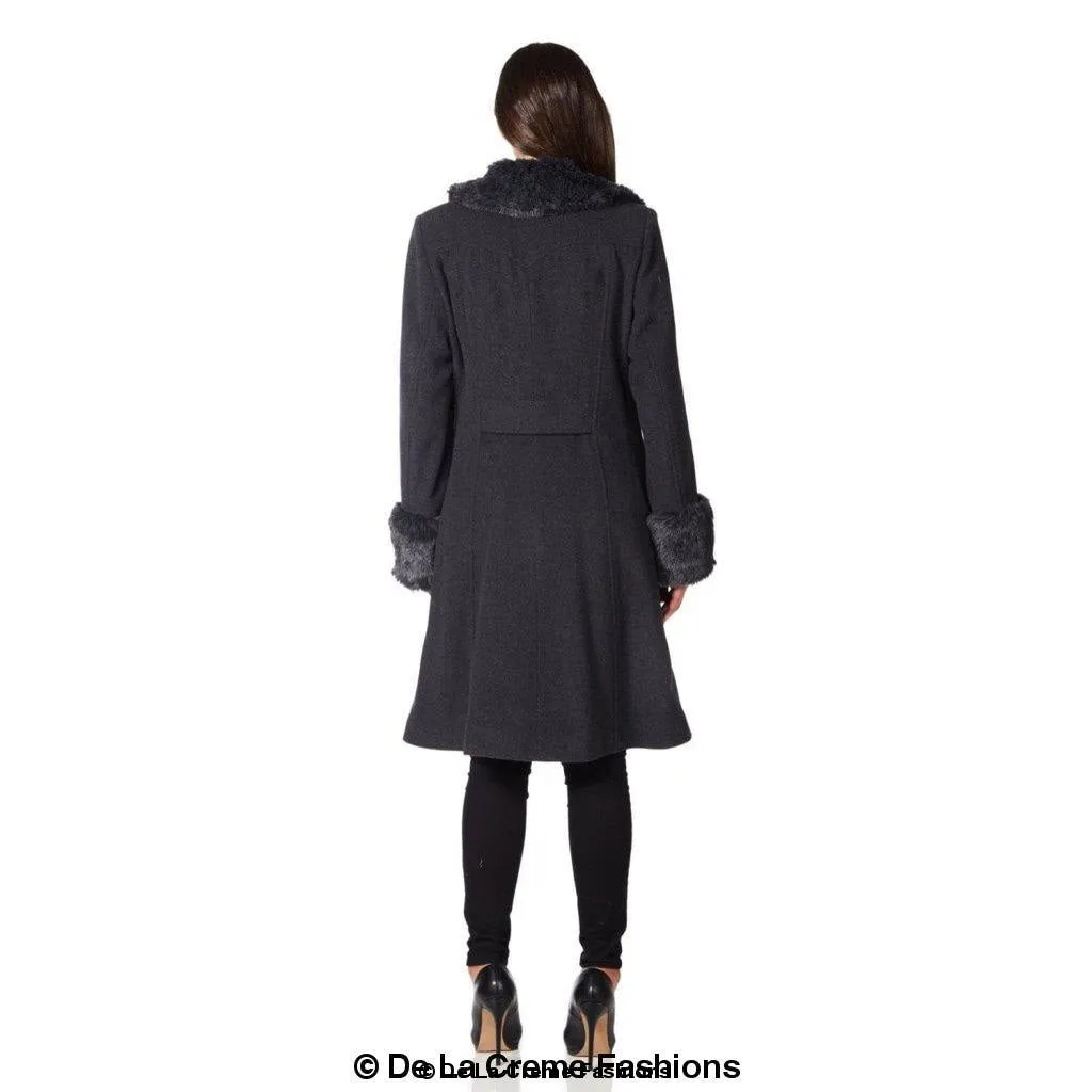 De La Creme - Womens Wool Blend Faux Fur Trim Midi Coat