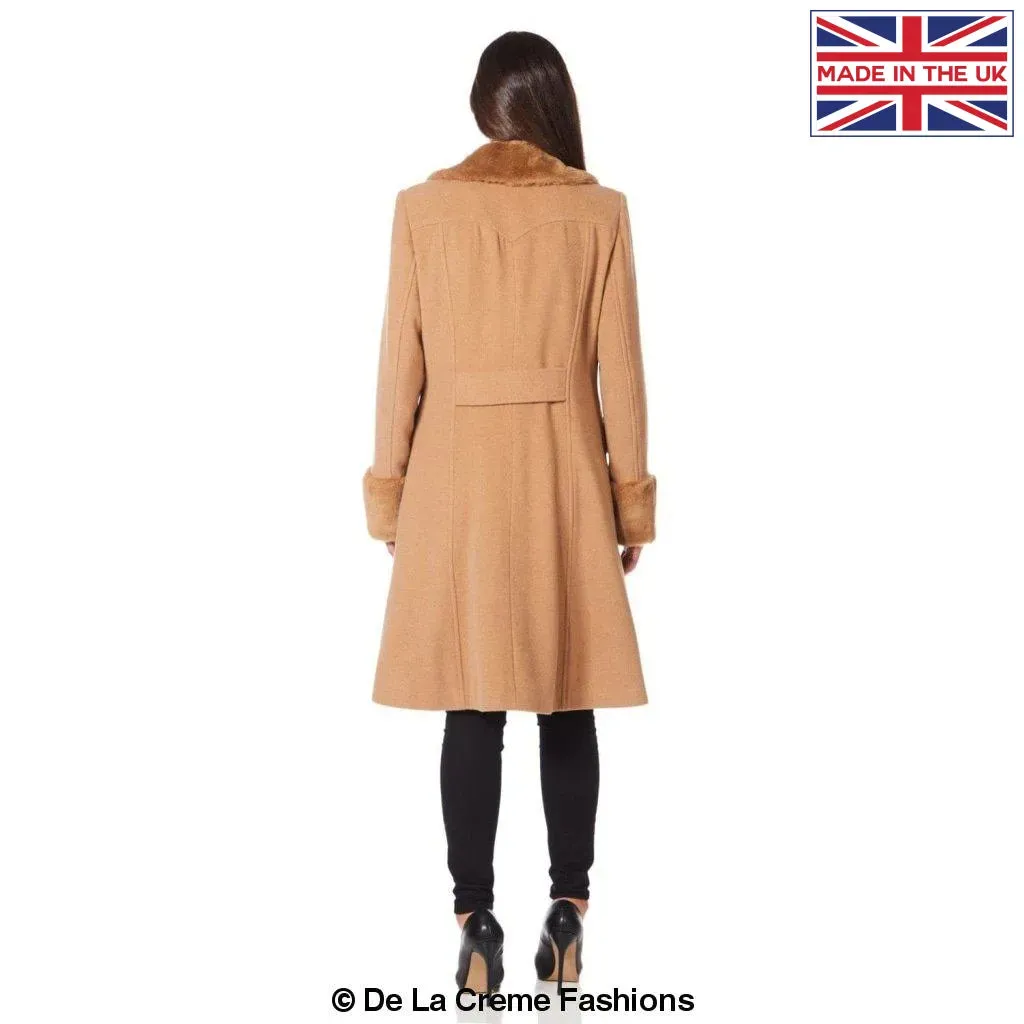 De La Creme - Womens Wool Blend Faux Fur Trim Midi Coat