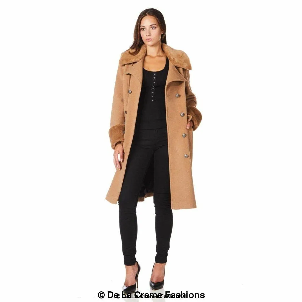 De La Creme - Womens Wool Blend Faux Fur Trim Midi Coat